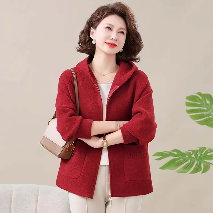 妈妈春秋毛呢外套2025新款50岁中老年女春装洋气大码针织开衫上衣