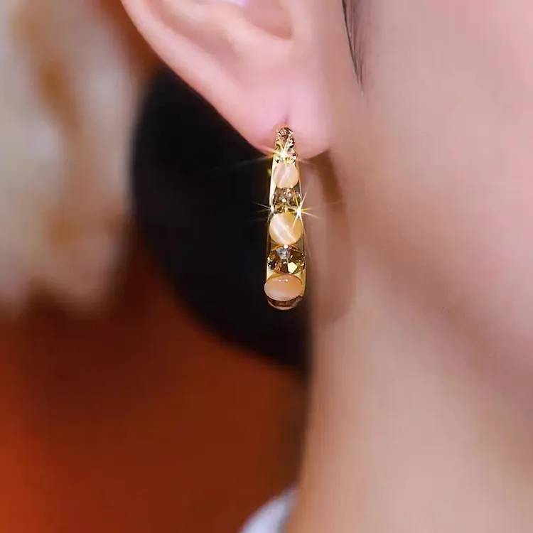 合金耳饰 气质咖色时尚圆圈锆石耳钉百搭精致耳圈