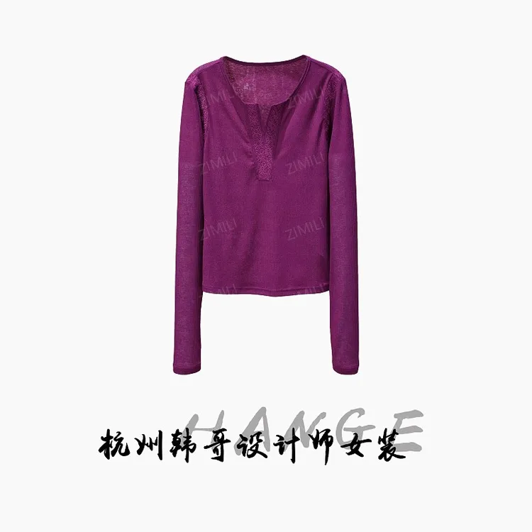【韩哥女装】秋季小众欧版茄紫色定制欧版时尚休闲高弹上衣8193-A6
