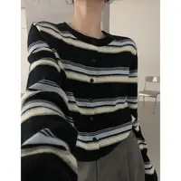 「拾光理理」复古条纹长袖针织秋季设计感圆领休闲开衫上衣-5185