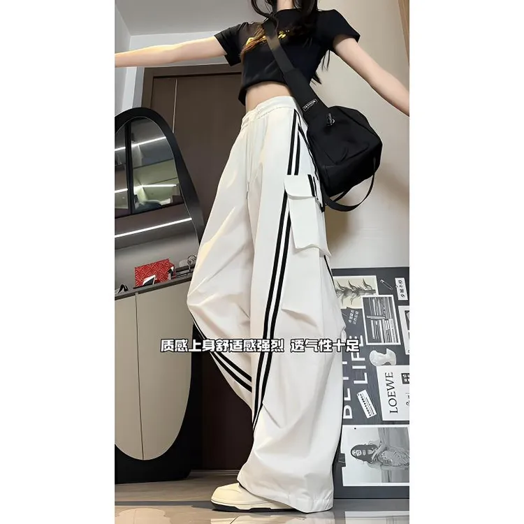 VALVOELITE美式复古条纹拼接男女款速干工装裤夏季潮牌松紧腰裤子