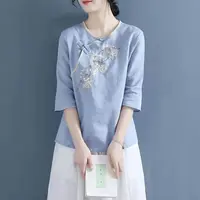 【清货+运费险】民族风女装复古盘扣刺绣上衣女棉麻七分袖上衣Y19