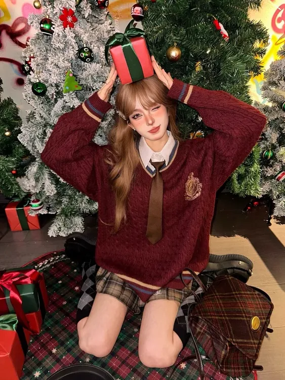 迪士尼红色元素圣诞节毛衣服装女氛围感穿搭学院风JK制服套装秋冬