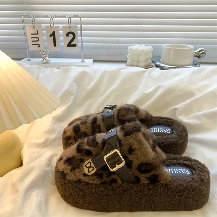 豹纹毛毛拖鞋女外穿2025新款冬季厚底小个子包头半拖复古加绒棉拖