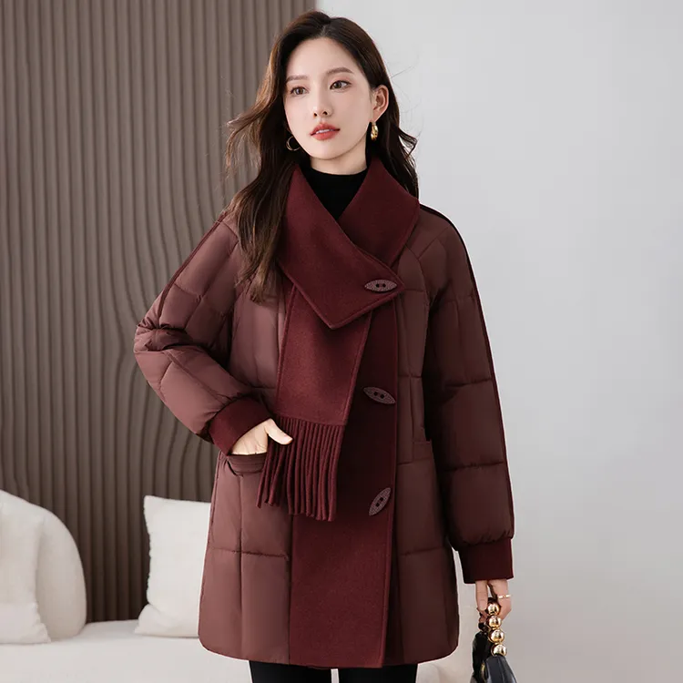 2025新款羽绒棉服女中长妈妈冬装加厚棉衣大码时尚围巾领棉袄外套