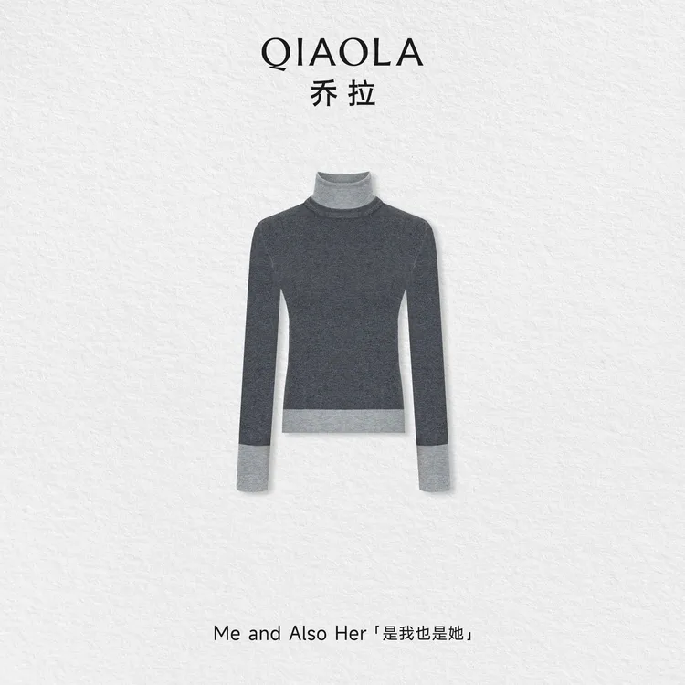 QIAOLA/乔拉【百搭伴侣】秋冬季撞色堆堆高领假两件羊毛长袖打底衫