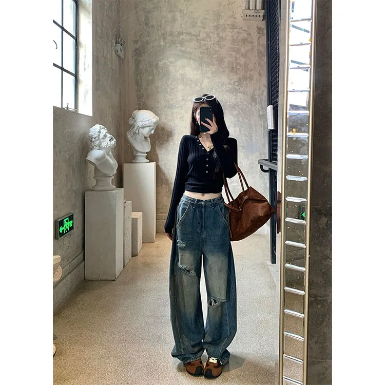 纯欲慵懒风女装气质修身V领针织衫复古高腰设计感牛仔阔腿裤套装