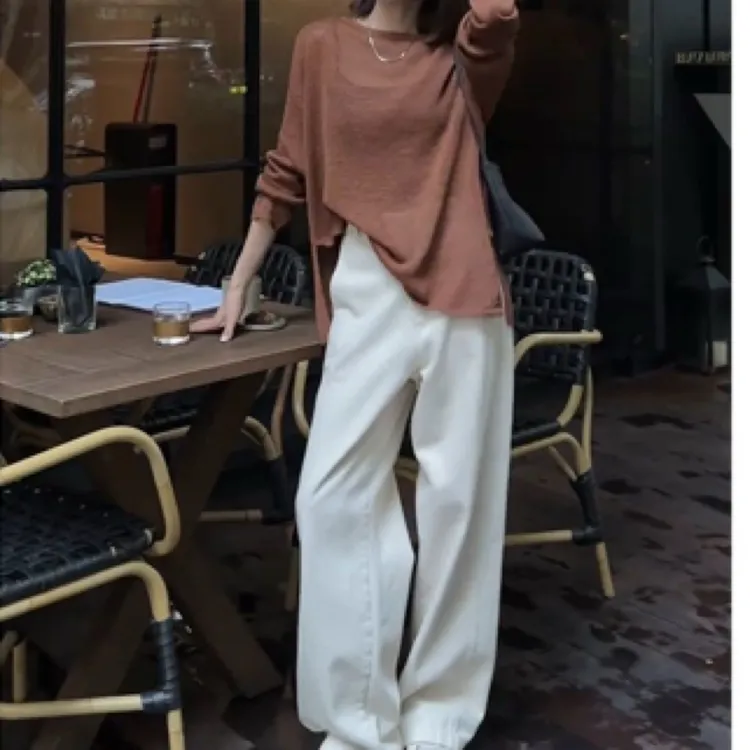 小众独特圆领长袖上衣高腰百搭阔腿裤针织