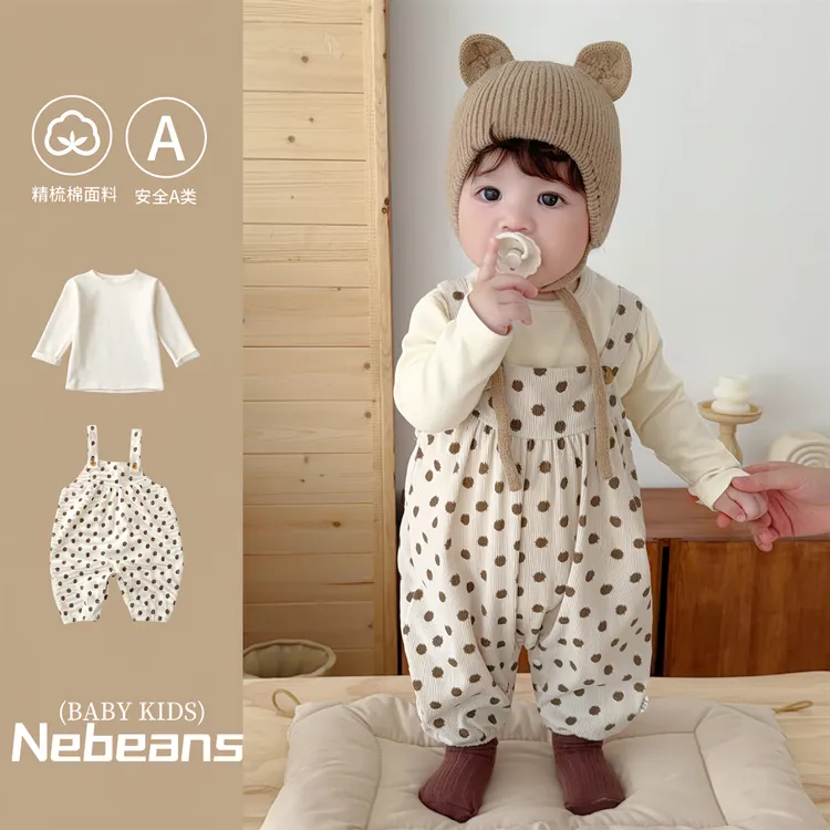二件套！(背带裤+T恤）秋季婴儿背带裤连身衣外出服圆点哈衣套装