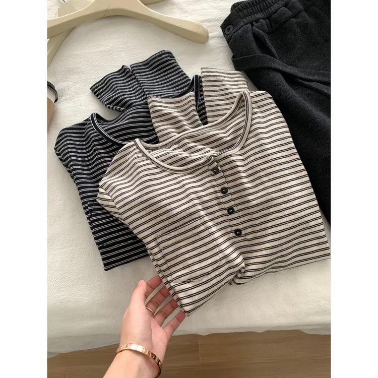 【JMHH】半门襟纽扣条纹长袖T恤女春秋韩版显瘦百搭套头打底衫