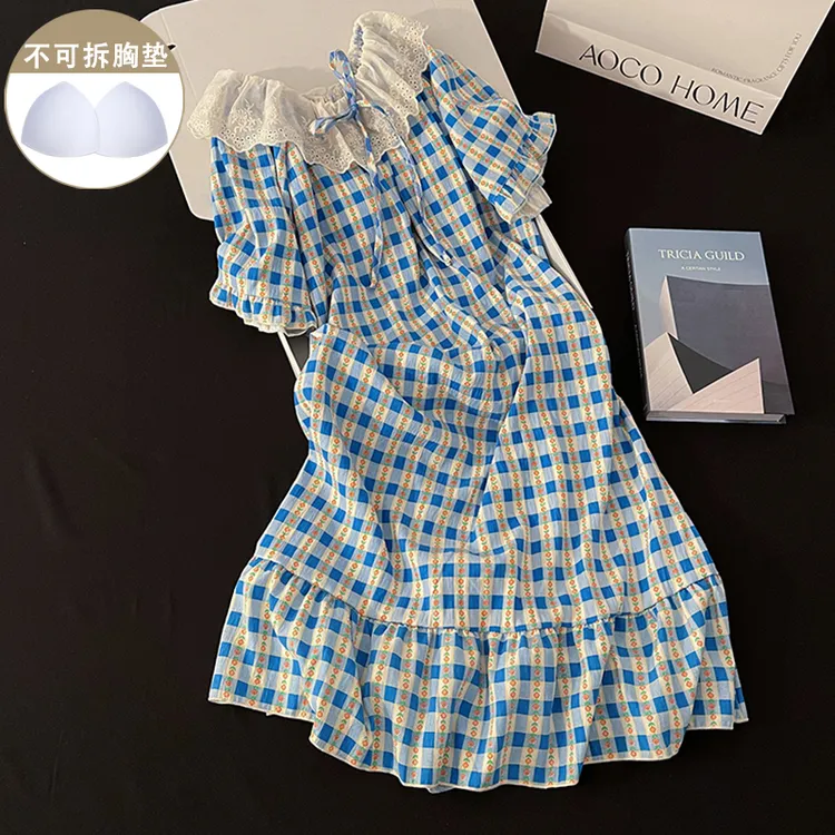 带胸垫睡衣女款夏季格子公主风短袖两穿圆领一字领睡裙休闲家居服