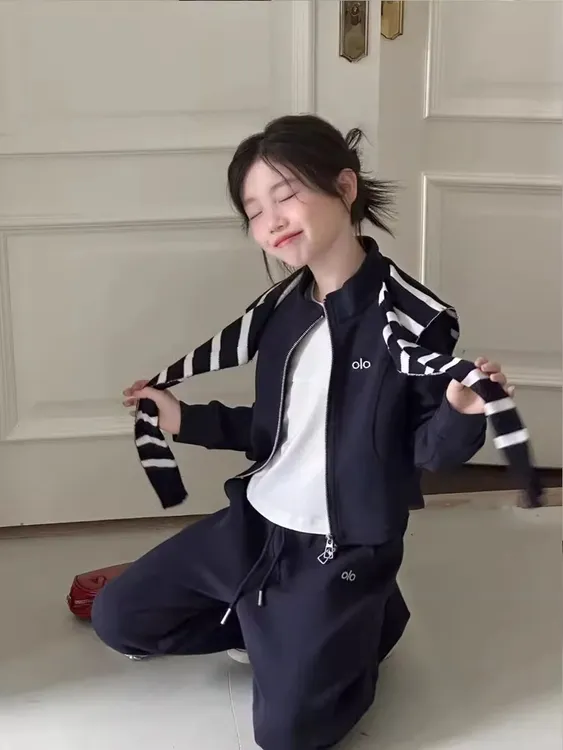 女童套装春秋新款儿童学院洋气时尚撞色秋季甜美清新条纹一整套