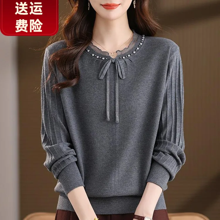 雨竹法式系带蕾丝拼接仿羊毛衫女2026秋冬钉珠设计感漂亮针织上衣