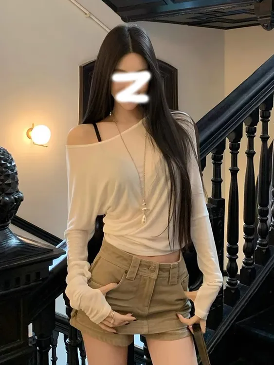 纯欲白色长袖t恤防晒罩衫女夏季薄款外穿宽松露肩斜肩一字肩上衣