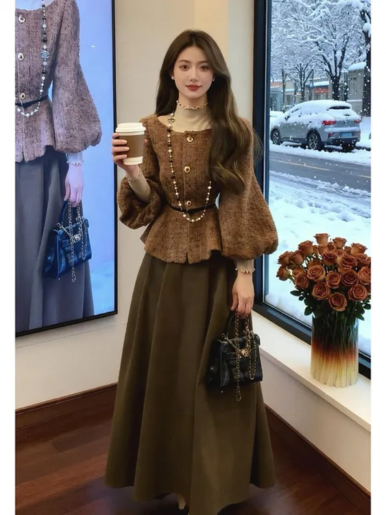 巨好看秋季甜美高级感小香风棕色收腰外套咖色半身裙两件套装女