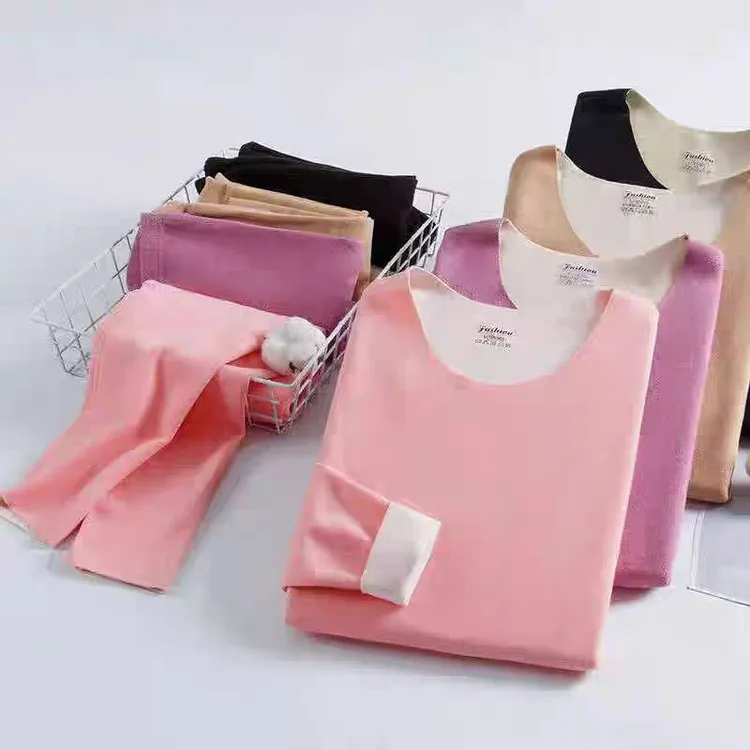 女款双面德绒无痕保暖秋衣套装打底秋衣秋裤秋冬