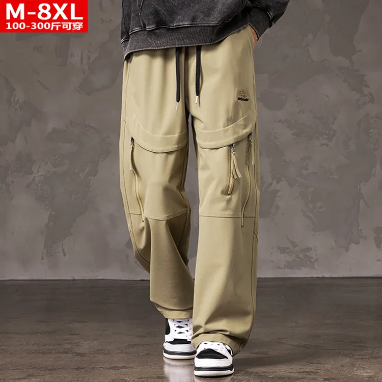 春秋季潮流男士时尚拼接拉链直筒工装裤胖大码加肥宽松运动休闲裤
