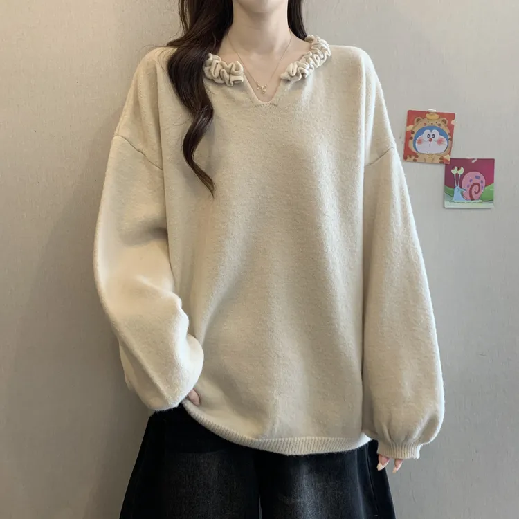 大码女装秋冬新款设计感宽松V领毛衣女胖mm慵懒超好看针织衫上衣