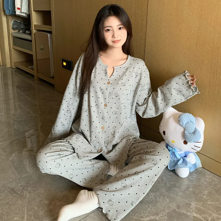 卡通睡衣女秋季新款纯棉长袖开衫俩件套甜美可爱学生宿舍风家居服
