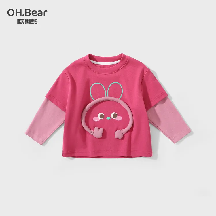 女童卡通T恤春秋款2025新款圆领宝宝韩版长袖洋气小女孩假两件T恤