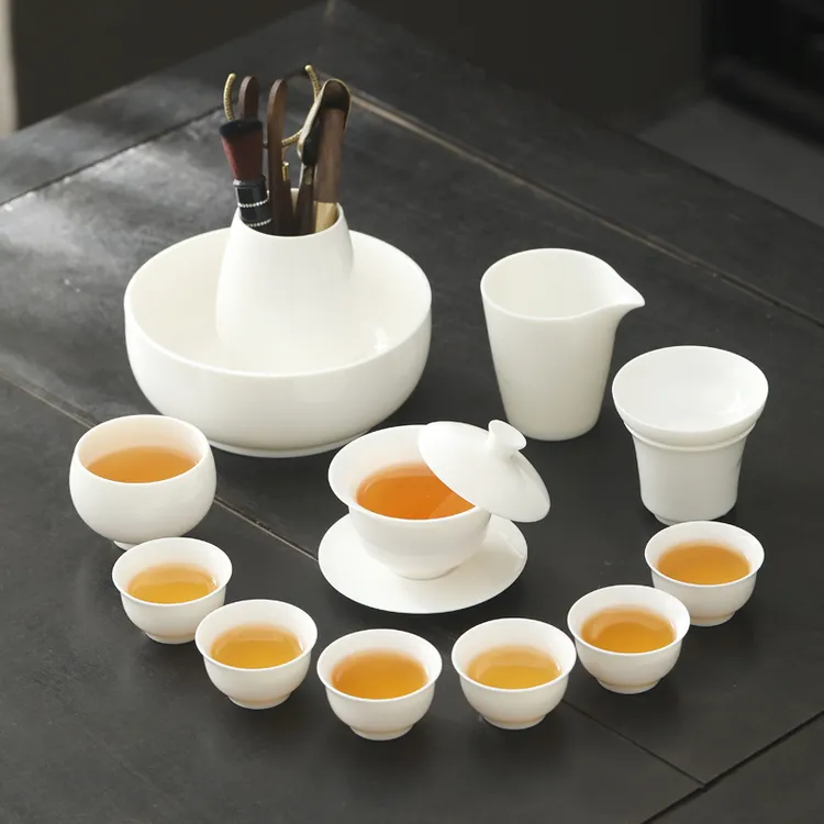 纯白羊脂玉悬停盖碗德化陶瓷功夫茶具套装高端全套办公室家用整套