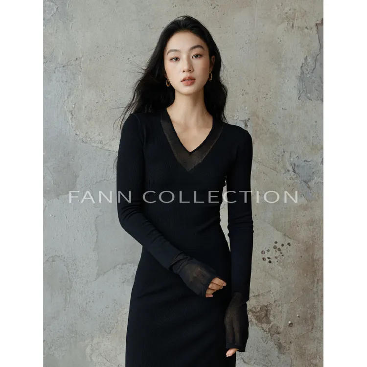 饭饭FANN COLLECTION 塞纳薄雾 三醋酸莱赛尔V领连衣裙女FANNC245