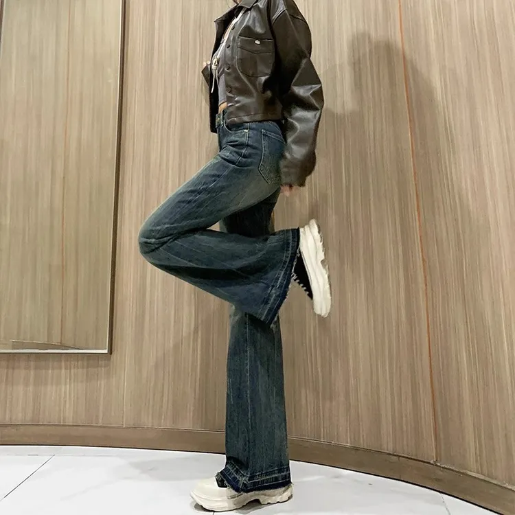 加绒复古微喇牛仔裤女冬季宽松不贴腿小个子阔腿马蹄喇叭裤子秋季