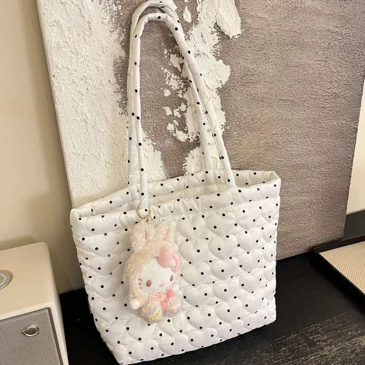 双根波点棉子简约风单肩包环保网红大容量单肩托特包