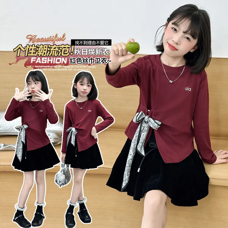 新款秋装女童酒红色丝巾卫衣时尚百搭长袖上衣洋气上衣儿童韩版童