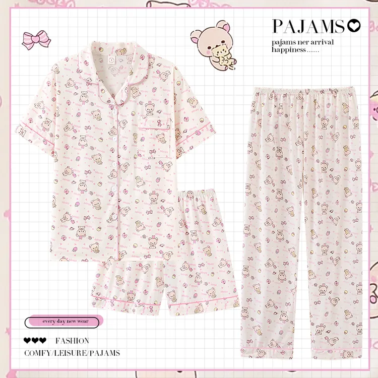 轻松熊夏季三件套睡衣女纯棉短袖薄款日系可爱ins夏天女士家居服