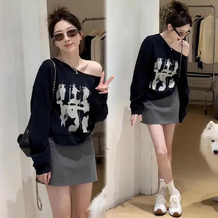 高含棉韩版休闲百搭套装女2025春秋新款洋气露肩上衣半身裙两件套