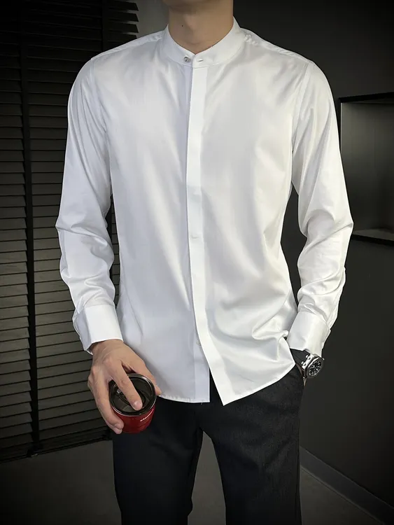 新款男士小立领修身百搭长袖衬衫舒适抗皱适合多季节