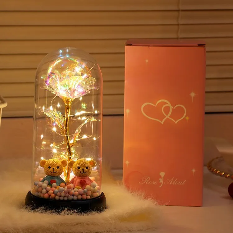 【皮卡】520情人节diy永生花塑料罩小熊金箔玫瑰花送女朋友创意玩具