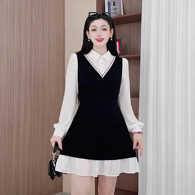 秋冬新款假两件连衣裙大码气质减龄高级百搭裙子法式显瘦收腰3709