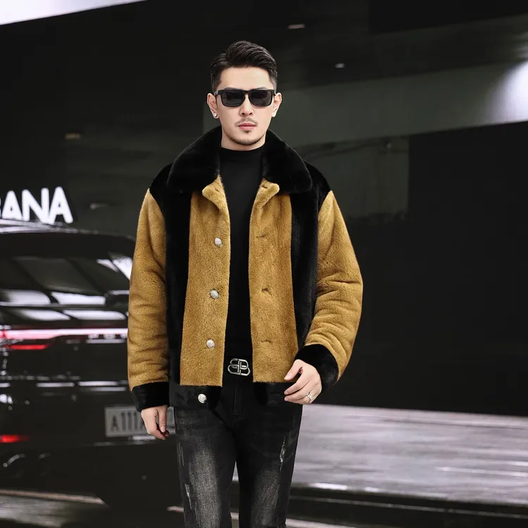 【辉哥甄选】2025冬季新款进口水貂皮草外套男装短款翻领潮流撞色