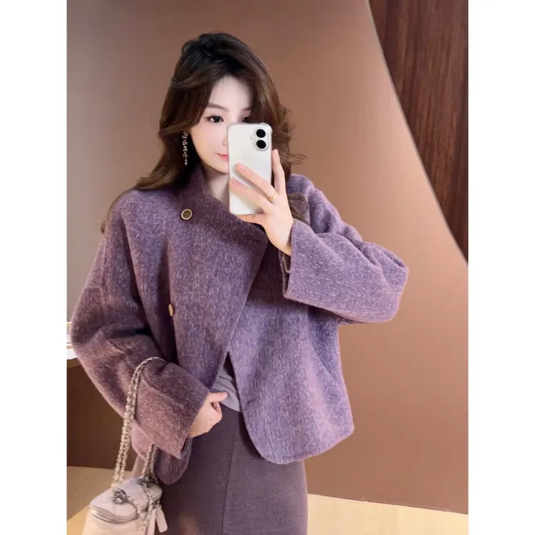 MuMu微胖定制韩系高级感立领双面羊毛百搭斜扣短外套HGQ5WT3322A