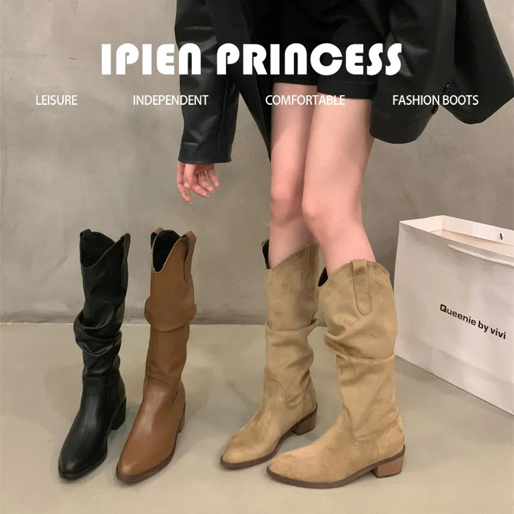 复古美拉德长筒靴2025秋季爆款高筒靴女款靴子堆堆靴百搭棕色长靴