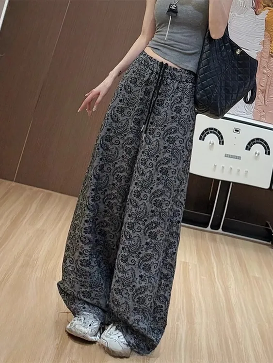 2025年夏季新款松紧腰显瘦提花直筒高腰休闲裤百搭女宽松阔腿裤