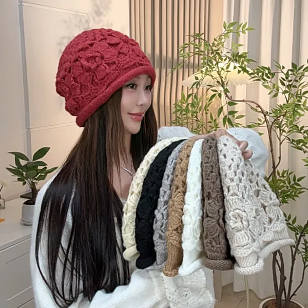 秋冬新款手工钩织卷边双面戴雪莲花针织帽民族风包头帽韩版堆堆帽