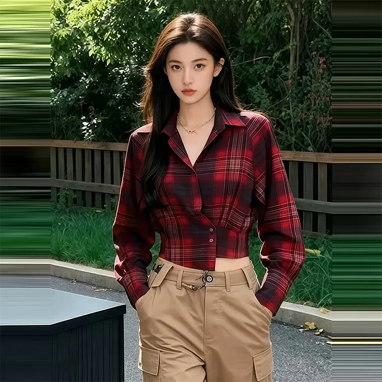 韩版百搭时尚格纹长袖衬衫女2025秋季新款休闲百搭收腰大气上衣潮
