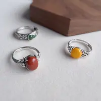 鸡油黄蜜蜡戒指碧玉南红玛瑙莫比乌斯环女宽面素圈复古开口可调节