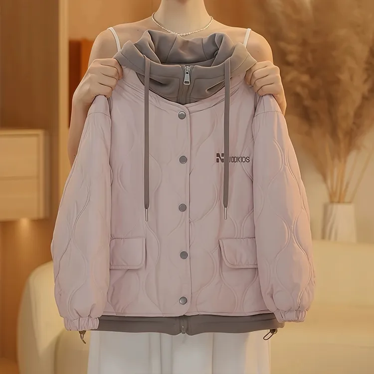 女童棉衣外套秋冬款2025新款洋气儿童加绒加厚冬季假两件轻薄棉服