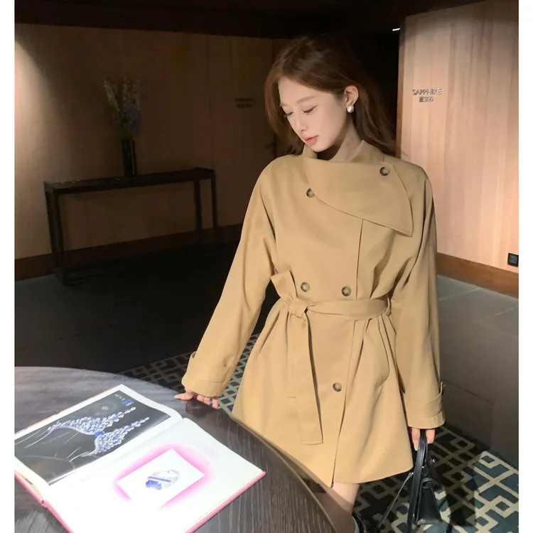 风衣外套女围脖领气质收腰外套落肩袖短款2025秋季小个子风衣大衣
