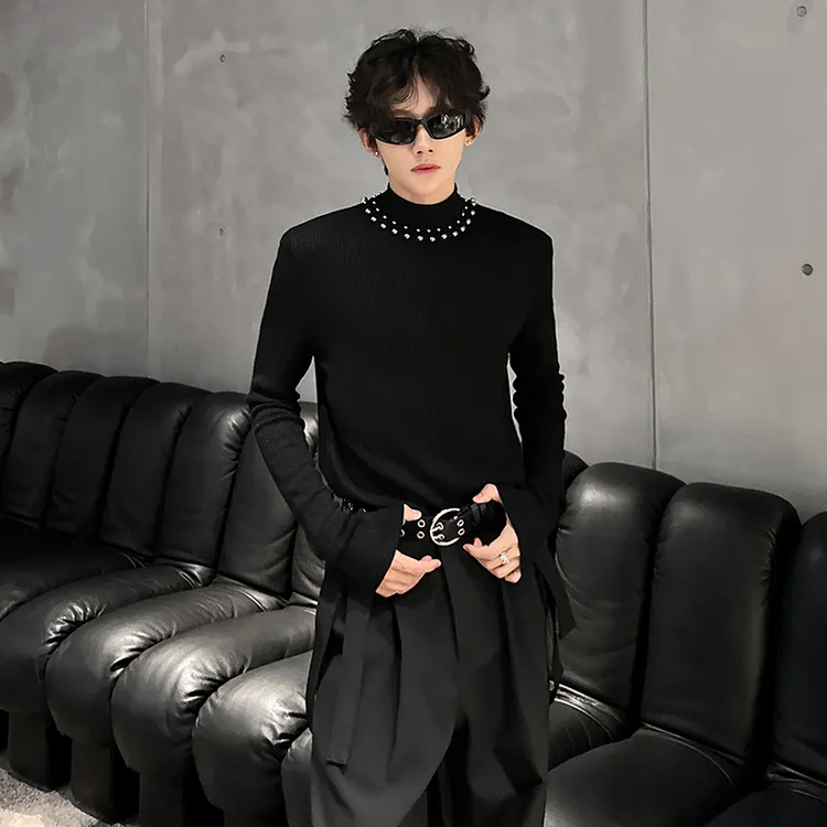 黑色半高领钉珠针织衫男长袖秋冬季高级感亲肤内搭垫肩打底衫毛衣