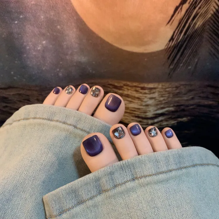 62C（14片纯手工脚趾甲)深紫追光猫眼镶钻牢固重复用显白穿戴脚甲