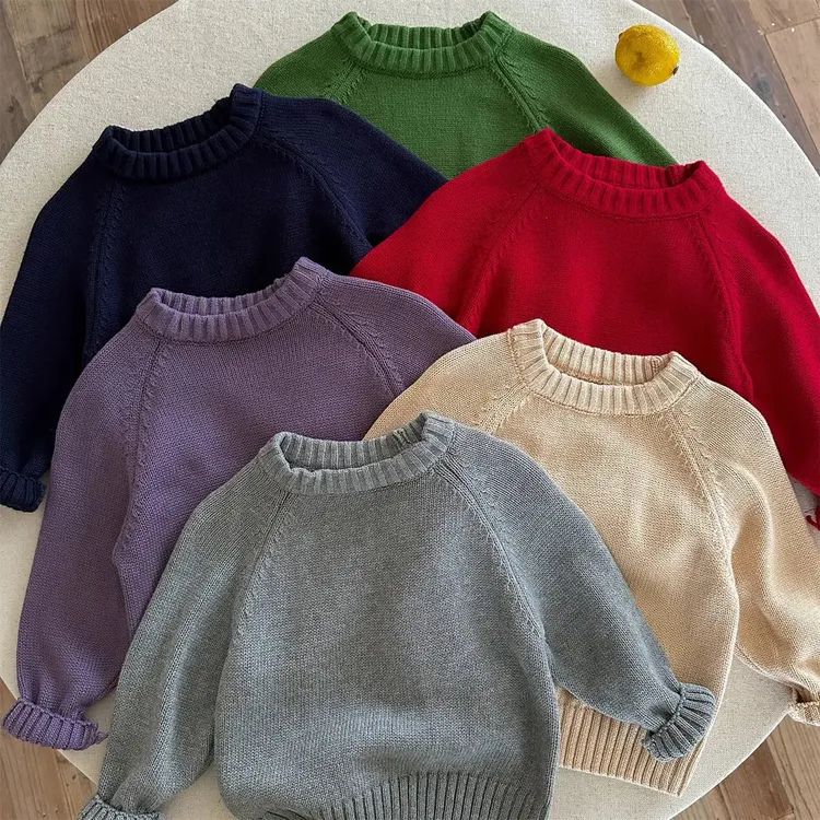 秋冬新款纯棉A类百搭儿童毛衣男女童圆领套头韩版纯色时尚针织衫