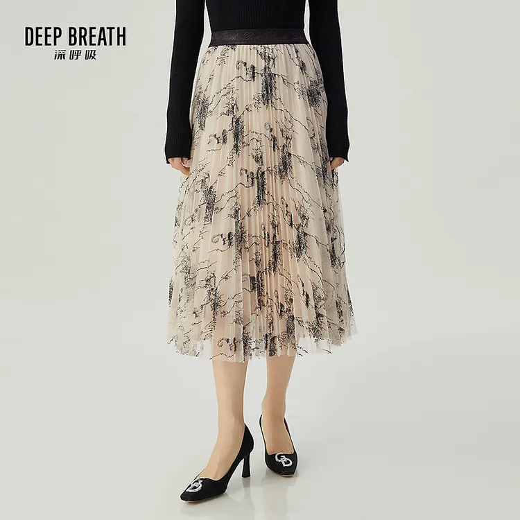 DEEP BREATH深呼吸女装新款松紧腰百褶刺绣半身裙中长裙A200259