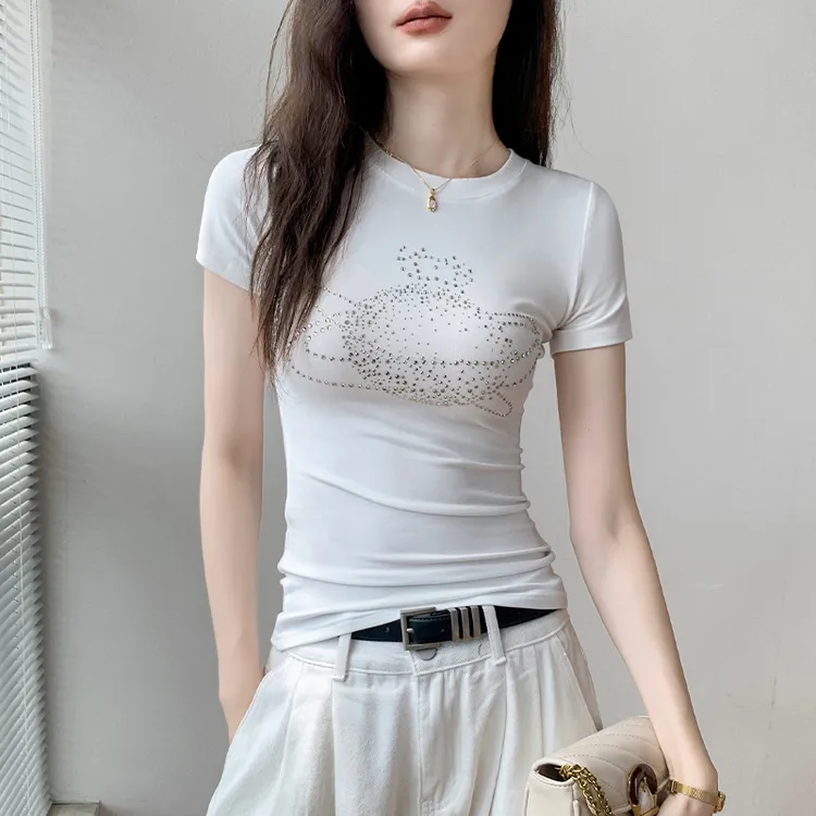 圆领纯色烫钻短袖T恤女2025春夏新款ins外穿修身正肩别致内搭上衣