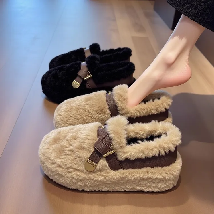 网红毛毛鞋女秋冬新款外穿洋气懒人舒适一脚蹬厚底加绒豆豆棉鞋子