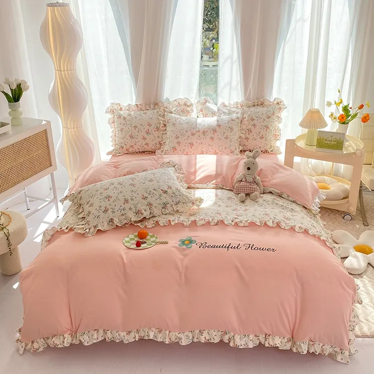 新款双层纱印花双版花边四件套网红高支高密加厚韩版公主风套件